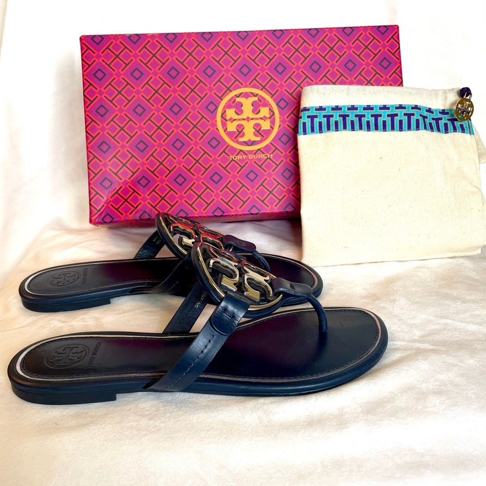 Tory Burch Miller Sandals Navy Leather - Like NEW! - Picture 2 of 5